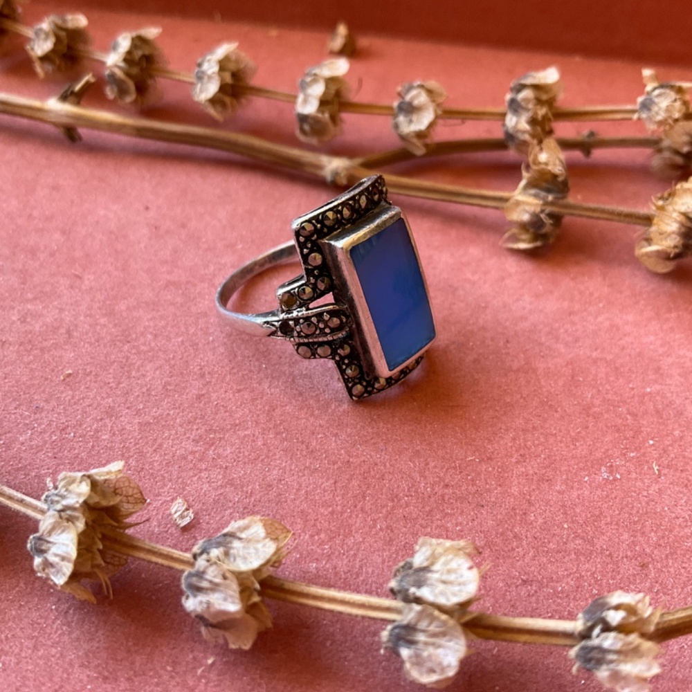 VNTG Blue Chalcedony and Hematite Sterling Ring - Picture 2 of 7